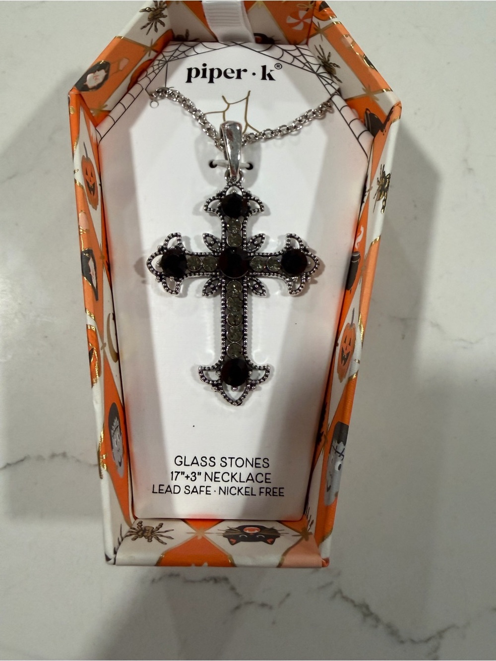 Piper•k Black Glass Stone Cross Pendant Necklace in Silver-Tone